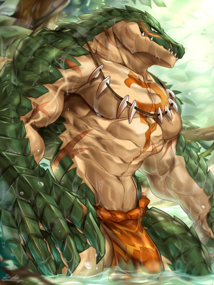 1boy abs absurd_res anthro claws crocodilian genitals hi_res lizard lizardman lizardman_(overlord) male male_only muscular muscular_anthro muscular_male overlord_(maruyama) penis rabbity reptile scalie scar solo tattoo teeth water zenberu_gugu