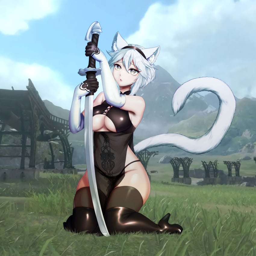 1girls background boots cat_ears cat_girl cat_tail catgirl crossover curvy fanart female gloves headband leather leather_boots medium_breasts neko nekomimi nier nier:_automata nier_replicant sheer shiny short_hair skin_fang sword thigh_highs thighhighs tight_clothing veibae virtual_youtuber vshojo vtuber weapon white_hair worried worried_expression yorha_2b_(cosplay)