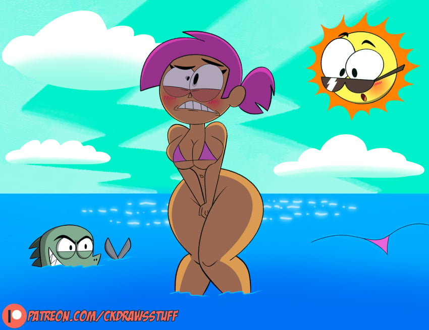 >:d :o bikini bikini_bottom bikini_malfunction bikini_top black_eyes bottomless bottomless_female cartoon_network clouds codykins123 commission covering_crotch d: dark-skinned_female dark_skin deviantart embarrassed embarrassed_nude_female enf enid enid_(ok_k.o.!_lbh) eyewear eyewear_only female human mouth_open ocean ok_k.o.!_let's_be_heroes patreon patreon_url pink_tongue public purple_hair scalie sharp_teeth smile sun sunglasses surprised teeth_showing url wardrobe_malfunction white_sclera white_teeth