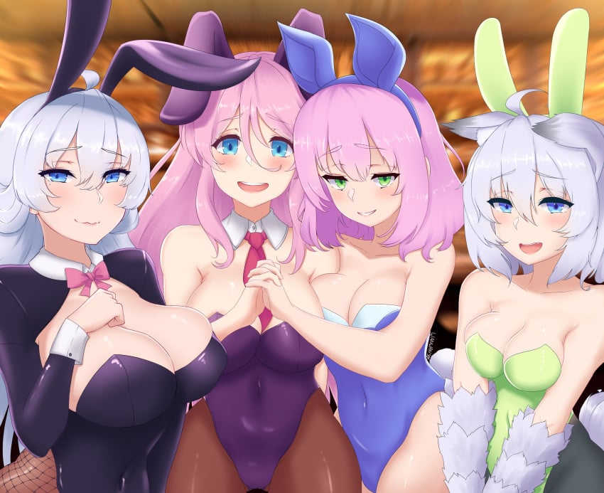 4girls absurdres animal_costume animal_ears animal_hands animal_hat bare_shoulders blue_eyes blush breasts bunny_hair_ornament bunny_hat closed_mouth flare_arlgrande_jioral green_eyes green_hair hair_ornament hat highres kaifuku_jutsushi_no_yarinaoshi kureha_clyret large_breasts long_hair multiple_girls norn_clatalissa_jioral open_mouth panties pantyhose pink_hair rabbit_costume rabbit_ears rabbit_tail redo_of_healer setsuna_(redo_of_healer) short_hair siblings sisters smile tagme tail underwear wanwan381 wolf_ears wolf_girl wolf_tail