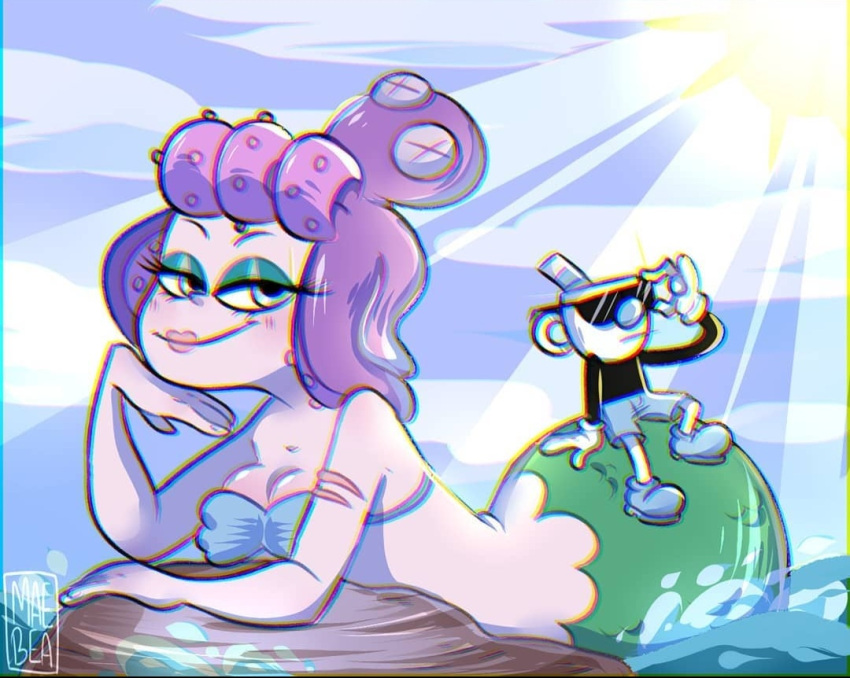 ass blush cala_maria canon_couple cuphead_(game) cute giantess height_difference huge_ass imminent_sex maebebwead mermaid mermaid_giantess monster_girl mugman size_difference smaller_male sunglasses tagme_(artist) wide_hips