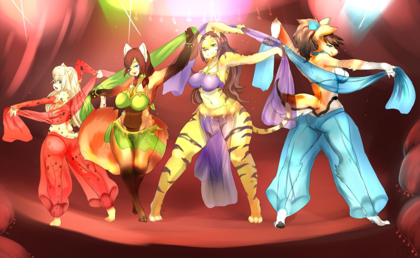 4girls anthro belly_dancer belly_dancer_outfit blonde_hair brown_hair cheetah_ears cheetah_humanoid cheetah_tail dancer dancer_outfit dancing digi_hunter_nana dog_ears dog_girl dog_tail furry harem harem_girl harem_outfit harem_pants huge_breasts large_breasts loincloth long_hair original original_characters red_panda_ears red_panda_girl red_panda_tail tiger_ears tiger_girl tiger_stripes tiger_tail veil