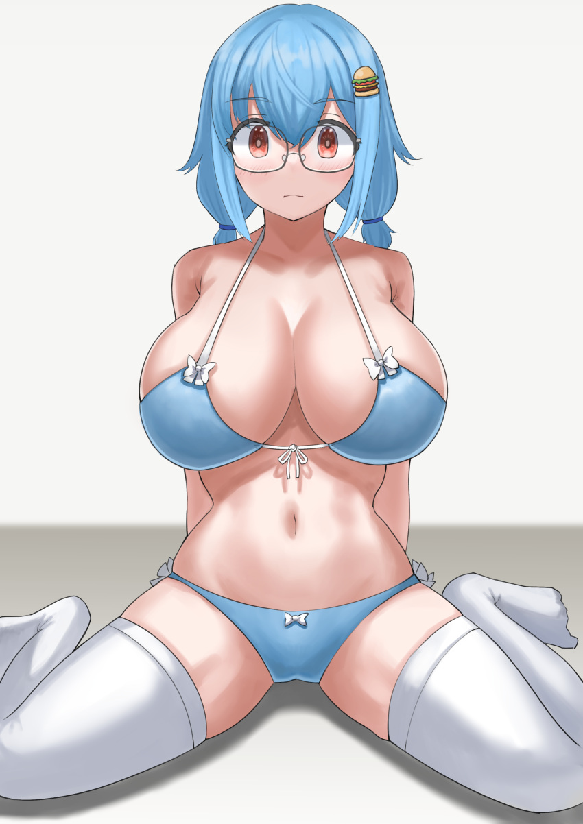 1girls absurdres arms_behind_back artist_request big_breasts bikini blue_hair breasts busty cleavage curvy feet female female_only glasses hamburger-chan_(hundredburger) highres huge_breasts kneeling legs looking_at_viewer low_twintails navel orange_eyes swimsuit thighs twintails voluptuous