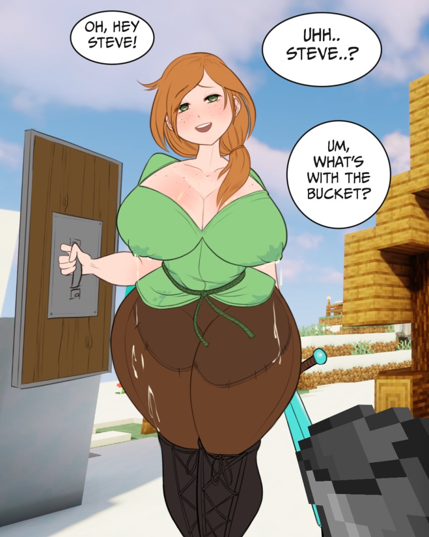 alex_(minecraft) angelhat big_breasts big_nipples boots brown_legwear bucket female female_focus ginger ginger_hair green_eyes green_shirt huge_breasts imminent_milking lactating lactation light-skinned_female looking_at_viewer minecraft mojang name_drop nipples nipples_visible_through_clothing oblivious pov thick_ass thick_legs thick_thighs thighs voluptuous