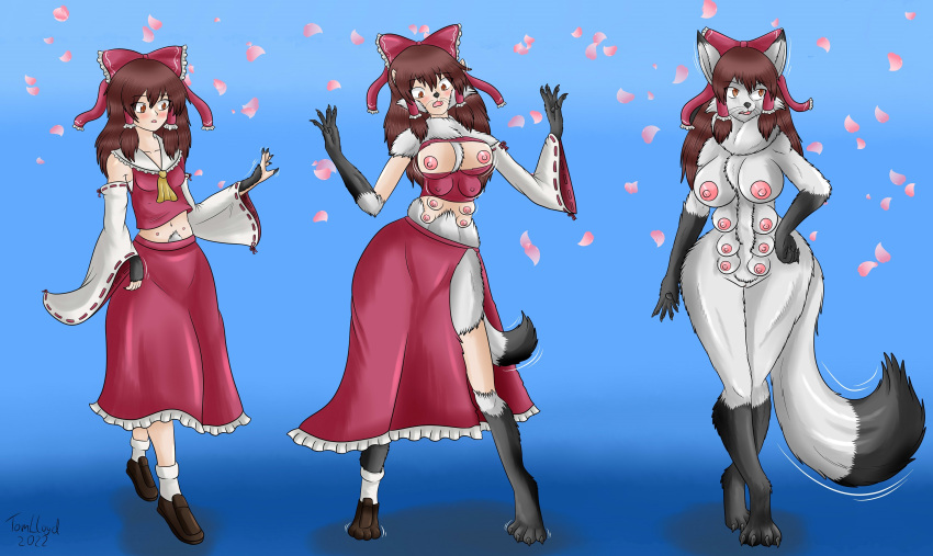 anthro ass_expansion breast_expansion female fox_ears fox_girl furry human_to_anthro large_breasts multiple_girls nipples reimu_hakurei species_transformation thick_thighs thigh_expansion touhou transformation transformation_sequence wide_hips witchfiend