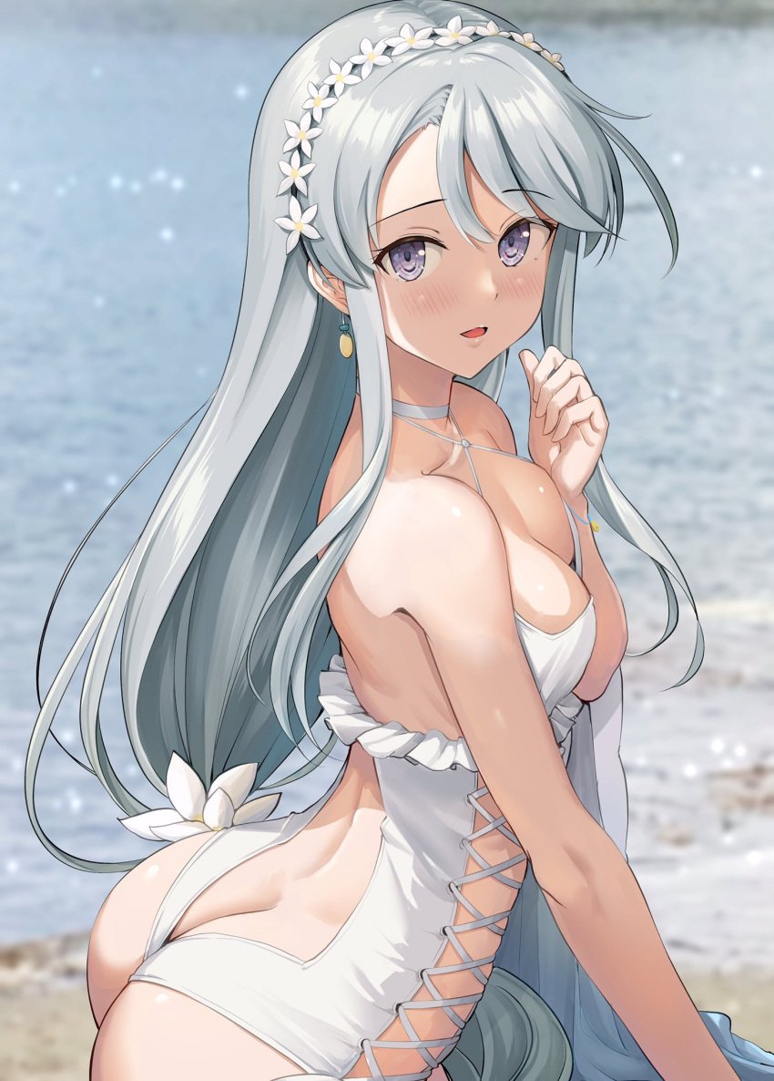 ass ass_cleavage bare_arms bare_shoulders beach blurry blurry_background blush butt_crack collarbone female flower hair_between_eyes hair_flower hair_ornament highres ichikawa_feesu kantai_collection long_hair looking_at_viewer medium_hair ocean official_alternate_costume open_mouth purple_eyes sagiri_(kantai_collection) solo swimsuit upper_body white_flower white_hair white_swimsuit