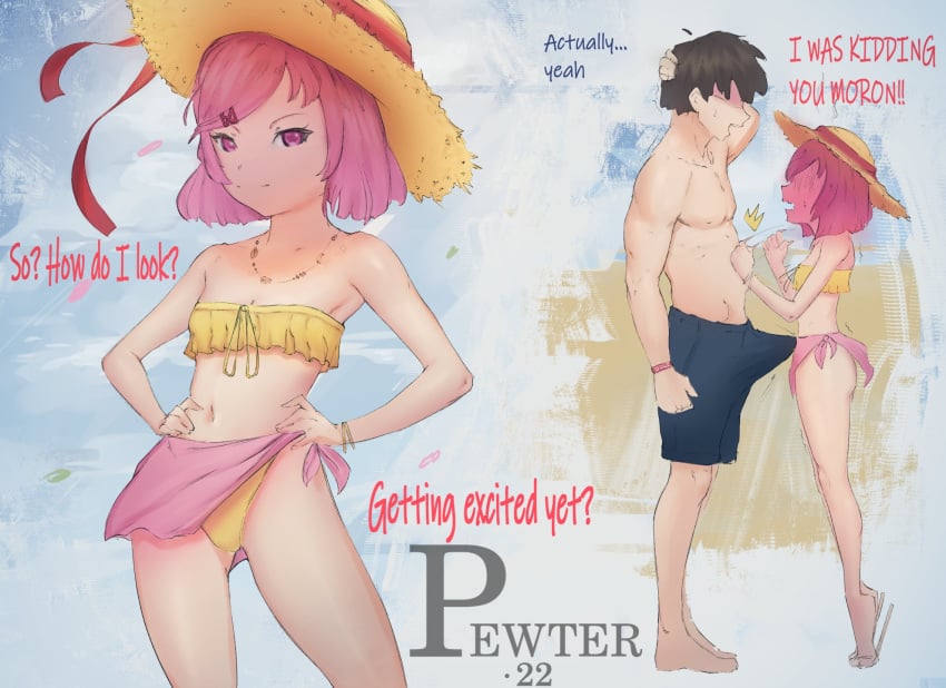 1boy 1girls 2022 asking_a_question beach beating_chest bikini bikini_top blush blushing_profusely boner boner_in_pants bulge dated dialogue doki_doki_literature_club english_text erect_penis erection excited faceless_male female flustered hands_on_hips hat hitting human joking male mc_(doki_doki_literature_club!) motion_blur motion_lines natsuki_(doki_doki_literature_club) necklace pewter-boi pink_eyes pink_hair red_text straw_hat sun_hat swim_shorts swim_trunks teasing text yellow_bikini yellow_bikini_top yellow_swimsuit