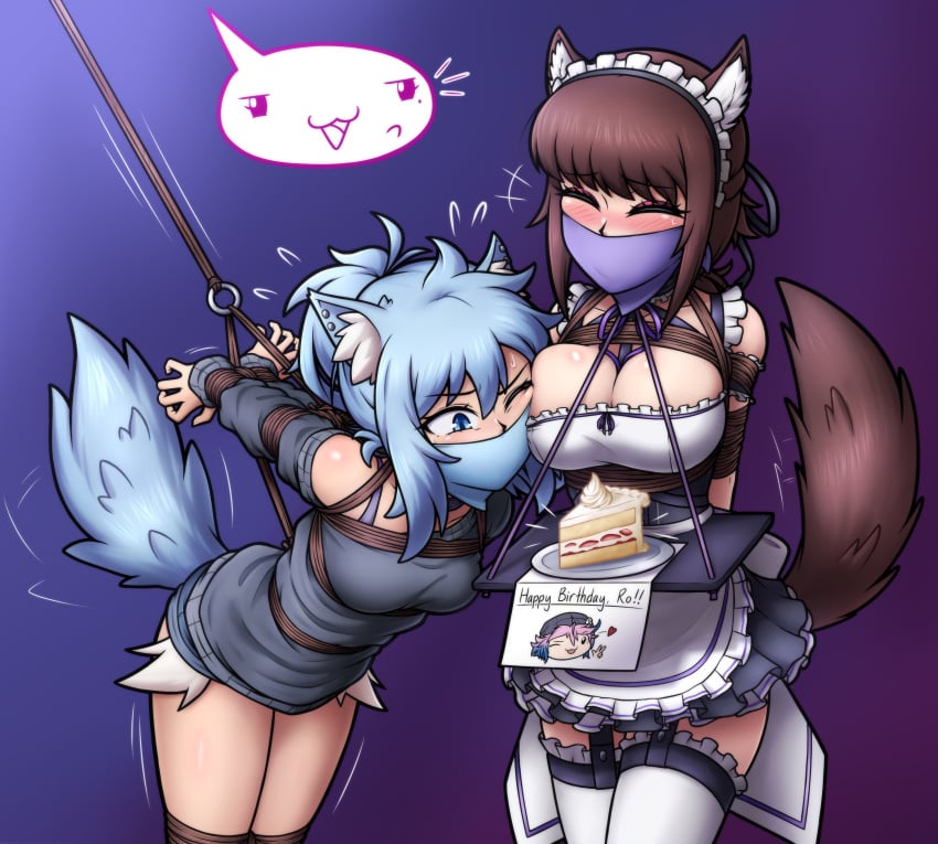 2girls animal_ears animal_tail arms_behind_back big_breasts birthday blush blushing bondage cake collar dog_girl fanart female femsub gag gagged happy_birthday head_on_breasts leash leash_pull magnolia-baillon maid maid_headdress maid_uniform multiple_girls multiple_subs offscreen_character original original_character plate rope smug smug_face tied_arms wolf_girl