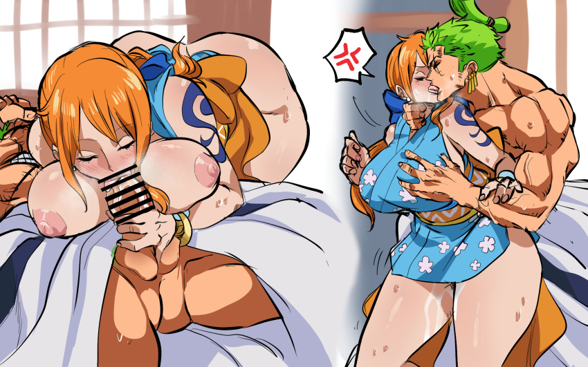 1boy 1boy1girl 1girls big_breasts breasts breasts_out censor_bar censored chonmage clothed_sex curvy fellatio female from_behind from_behind_position green_hair kimono kissing kunoichi male nami onami one_piece orange_hair roronoa_zoro sex stfukysnow topless_male voluptuous wano_country