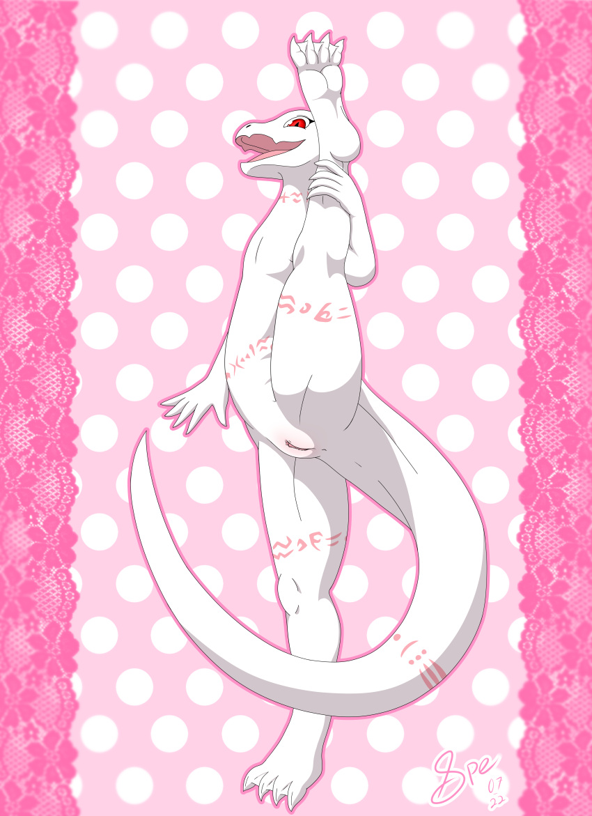 2022 4_toes 5_fingers abstract_background absurd_res albino anthro anus belly belly_markings big_clitoris big_tail blush bodily_fluids body_blush cel_shading claws clitoral_hood clitoris crusch_lulu cute_fangs dated digital_drawing_(artwork) digital_media_(artwork) digitigrade dripping erect_clitoris eyelashes fangs feet female fingers flat_chested flexible front_view full-length_portrait genital_fluids genitals hi_res humanoid_hands lace leg_markings lizardman_(overlord) long_tail looking_at_viewer markings membrane_(anatomy) naked neck_markings nude on_one_leg one_leg_up open_mouth open_smile outline overlord_(maruyama) perineum pink_background pink_clitoral_hood pink_clitoris pink_markings pink_outline pink_pussy pink_theme pinup portrait pose pupils pussy pussy_blush pussy_juice pussy_juice_drip raised_leg red_eyes shaded signature simple_background slit_pupils smile smiling_at_viewer snout soles solo spe splits spread_legs spreading standing tail_dimple tail_markings tapering_clitoris thick_tail thick_thighs thigh_markings three-quarter_view toe_claws toes tribal tribal_markings vertical_splits webbed_feet white_anus white_body white_claws