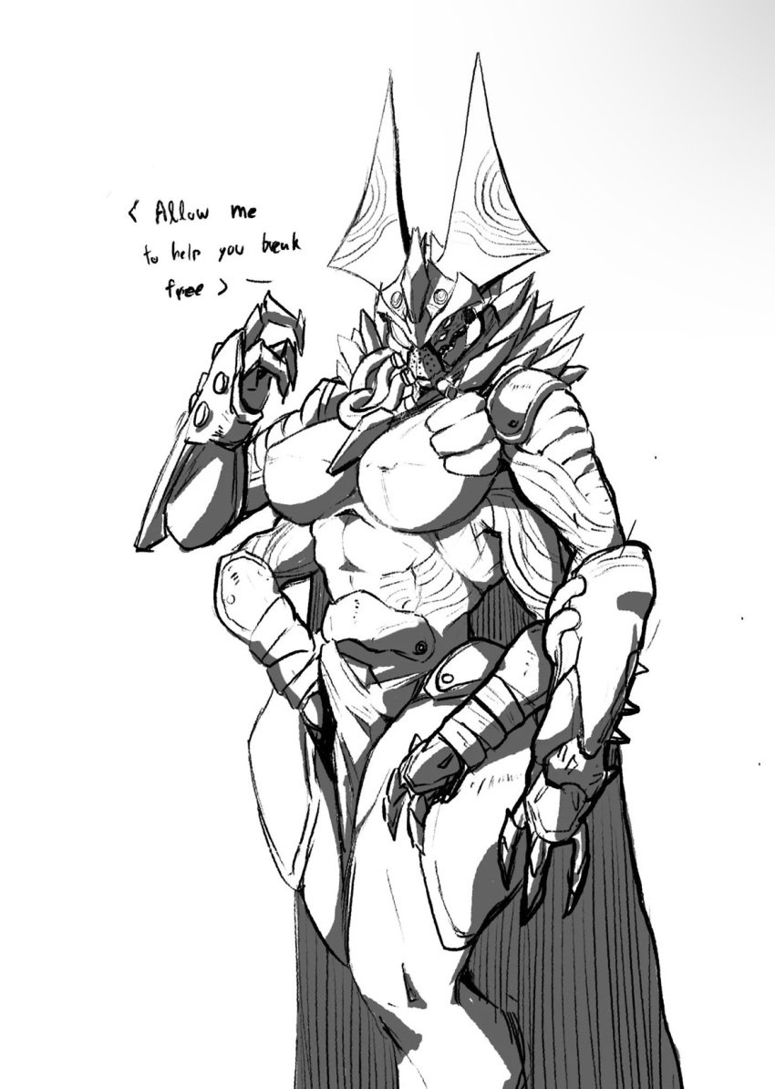 1girls 4_arms 4_eyes alien alien_girl armor big_breasts bungie cape destiny_(game) dialogue eliksni eramis fallen female female_only hand_on_pussy hand_on_thigh helmet huge_breasts loincloth looking_at_viewer multi_arm multi_eye multi_limb muscular_female solo solo_female text thick_thighs touching_pussy white_background wraps