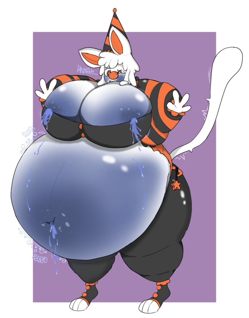 anthro belly belly_overhang big_belly big_breasts blueberry_inflation blush bodily_fluids breasts clothed clothing clown digital_media_(artwork) domestic_cat felid feline felis female furr3ak hi_res inflation leaking mammal nipples pool_toy simple_background solo text wide_hips