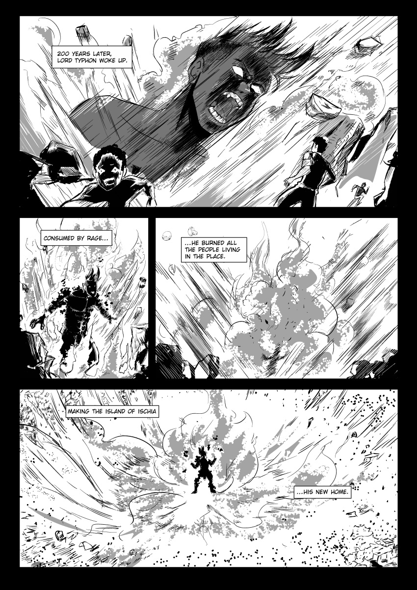 1boy absurdres black_and_white black_hair burned_skin comic comic_page dark-skinned_male dark_skin death explosion fire greek_mythology highres manga manga_page monstershake muscular_male titan_(greek_mythology) typhon typhon_(blood_bond) waking_up