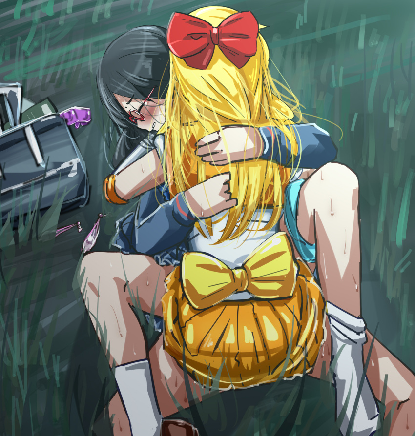 1futa 1girls bag bishoujo_senshi_sailor_moon black_hair blonde_hair blush bow clenched_teeth closed_eyes clothed clothed_sex clothing color condom duo female futa_on_female futanari glasses grass hugging human implied_futanari light-skinned_female light-skinned_futanari light_skin long_hair minako_aino missionary missionary_position mostly_clothed on_back outdoors outside panties panties_aside raitaroo ribbon sailor_venus sex skirt sleeves socks student uniform