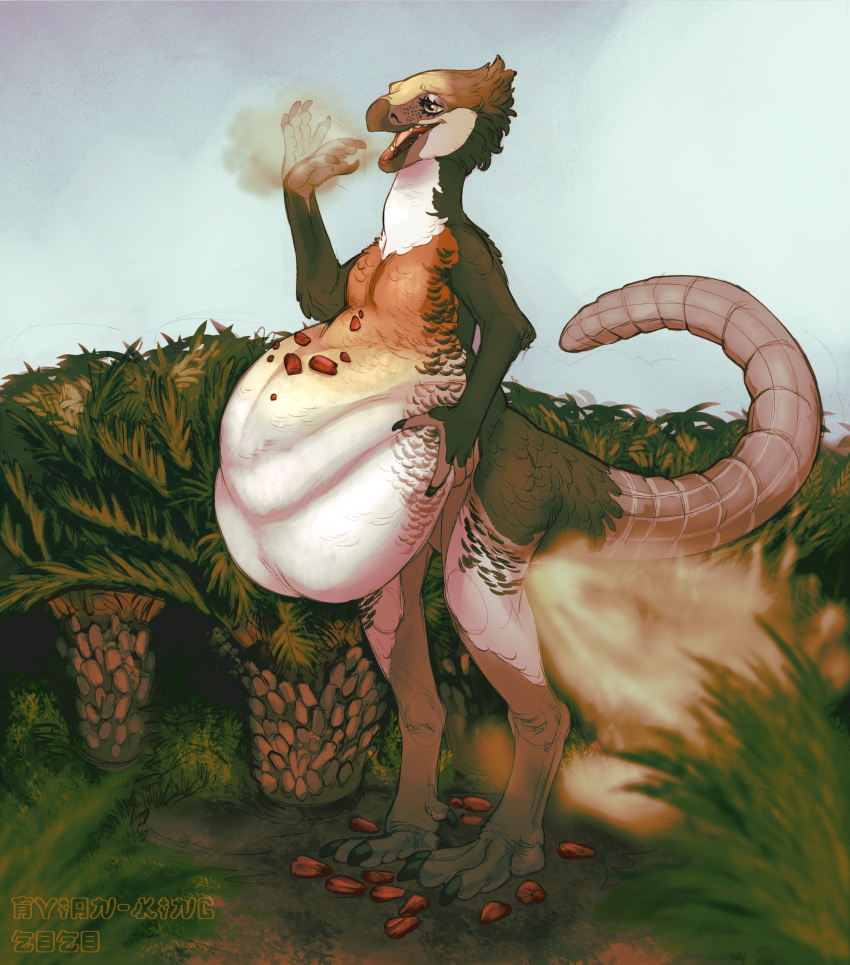 absurd_res anthro avian-king belly belly_stuffing big_belly bloated burp_cloud burping cycad dinosaur fart fart_cloud fart_fetish female fowlroyalafterdark gas gobbling herbivore hi_res hyper hyper_belly indigestion isaberrysaur isaberrysauria ornithischian ornithopod reptile scalie slobby solo stuffing