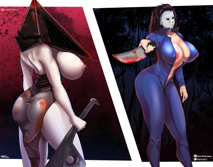 2girls areola_slip big_ass big_breasts blood_stain bodysuit breasts_out cleavage crossover dark_hair delta26 eastern_and_western_character female female_only genderswap_(mtf) halloween_(series) helmet huge_breasts jumpsuit mask masked masked_female michael_myers monster_girl multiple_girls nipple_bulge pale-skinned_female pale_skin pelvic_curtain pyramid_head rule_63 side_slit sideboob silent_hill silent_hill_(film) silent_hill_homecoming skin_tight stained_clothes tight_clothing weapon