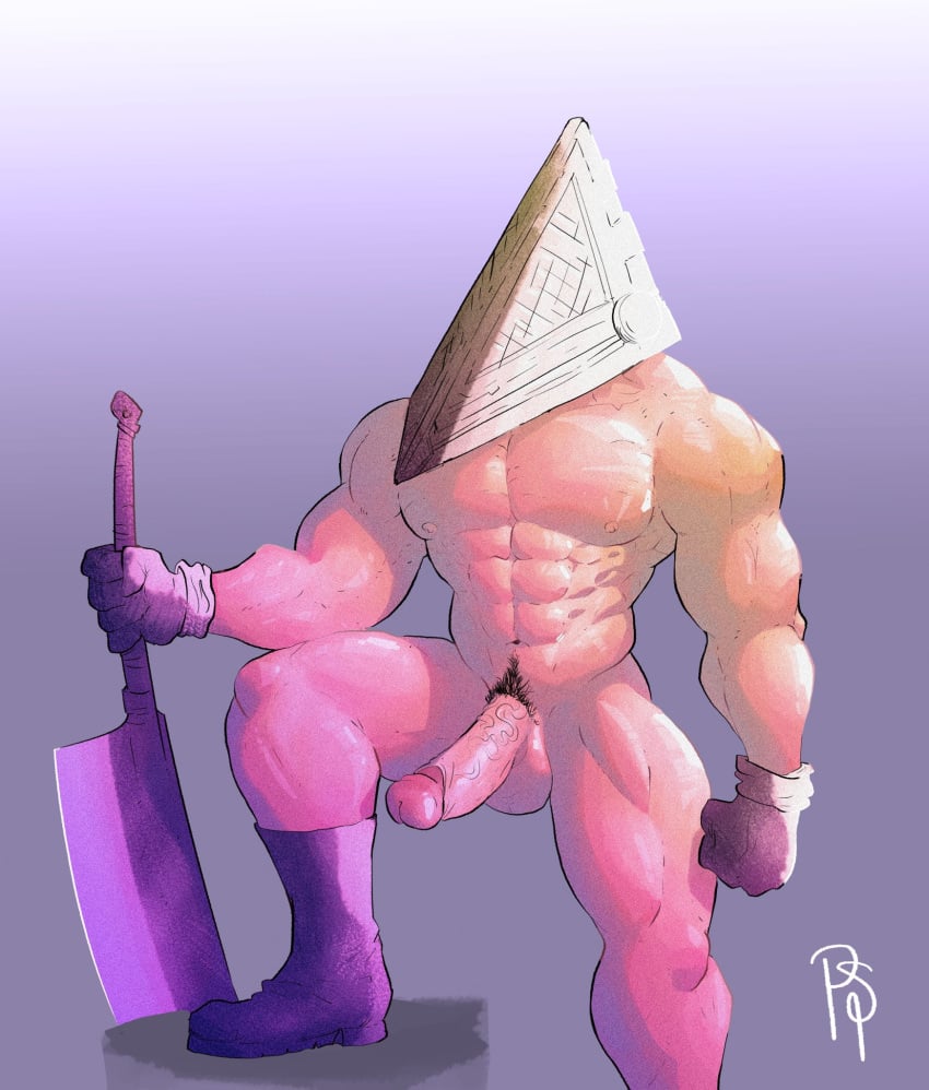 alternate_version_available bara big_penis boots daspurplesong erection globes helmet male male_only male_pubic_hair mostly_nude muscular muscular_male muscular_thighs partially_clothed penis pubic_hair pyramid_head retracted_foreskin silent_hill solo uncensored uncut veiny_penis weapon