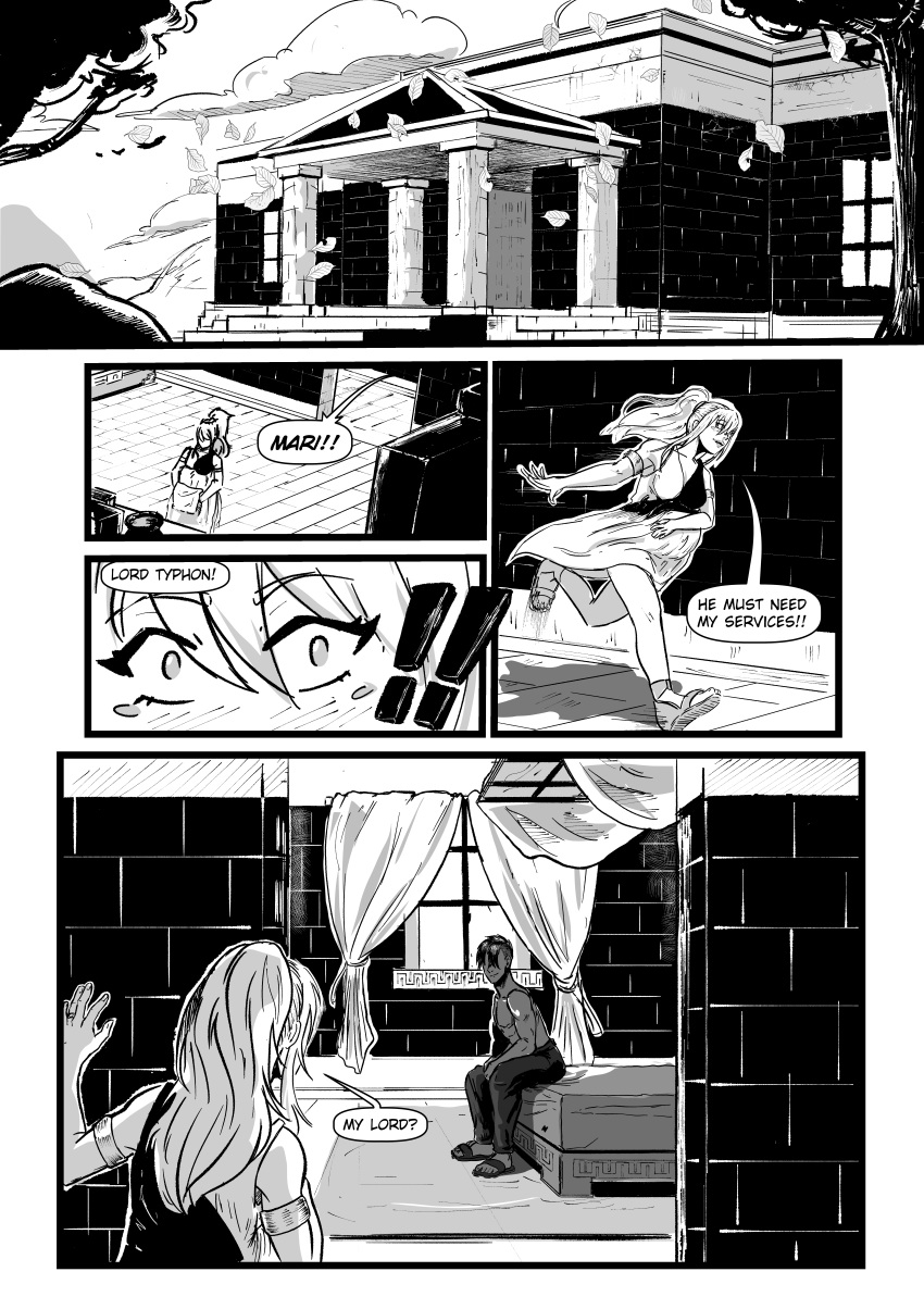 1girls absurdres bedroom black_and_white black_and_white_dress black_hair blonde_hair blood_bond blood_bond blush brick brick_wall calling cleaning colored_skin comic comic_page curtains dark-skinned_male dark_hair dark_skin dress english_text exclamation_mark female flowing_dress greek_mythology greek_mythology happy highres interracial legs manga manga_page mansion mari_vill monstershake muscular muscular_male petite ponytail pregnant romantic run running sandals speech_bubble titan_(greek_mythology) topless topless_male typhon typhon_(blood_bond) typhon_titan washing washing_dishes white_hair white_skin white_skinned_female