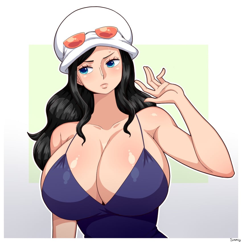 1girls big_breasts breasts cleavage clothed clothing dressrosa female female_only hat hi_res huge_breasts large_breasts nico_robin one_piece simmsy solo sunglasses