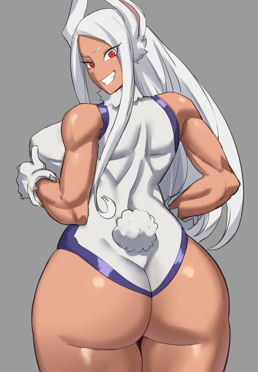 1girls ass big_ass big_breasts big_butt breasts bunny_ears bunny_tail dark-skinned_female dark_skin dat_ass female female_only hyenahonk leotard long_hair miruko muscular_female my_hero_academia red_eyes rumi_usagiyama solo standing thick_thighs thighs white_hair