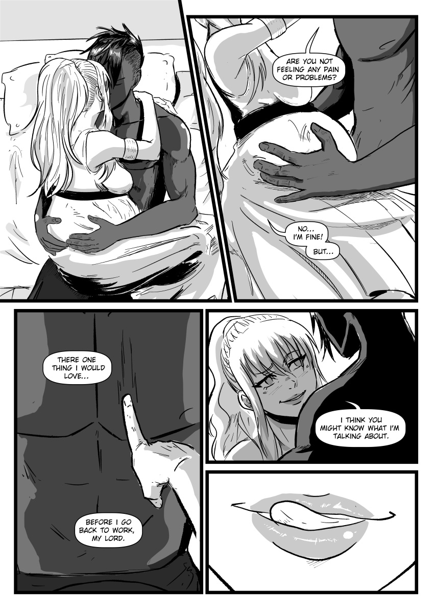 1girls abs absurdres black_and_white black_and_white_dress black_hair blonde_hair blood_bond blush colored_skin comic comic_page dark-skinned_male dark_hair dark_skin dress english_text female fringe greek_mythology hand_on_belly hand_on_stomach happy highres imminent_oral imminent_penetration interracial kissing licking_lips manga_page mari_vill monochrome monstershake muscular muscular_male oral oral_invitation petite ponytail pregnant romantic smirk smirking speech_bubble titan_(greek_mythology) tongue tongue_out topless topless_male typhon typhon_(blood_bond) typhon_titan white_hair white_skin white_skinned_female