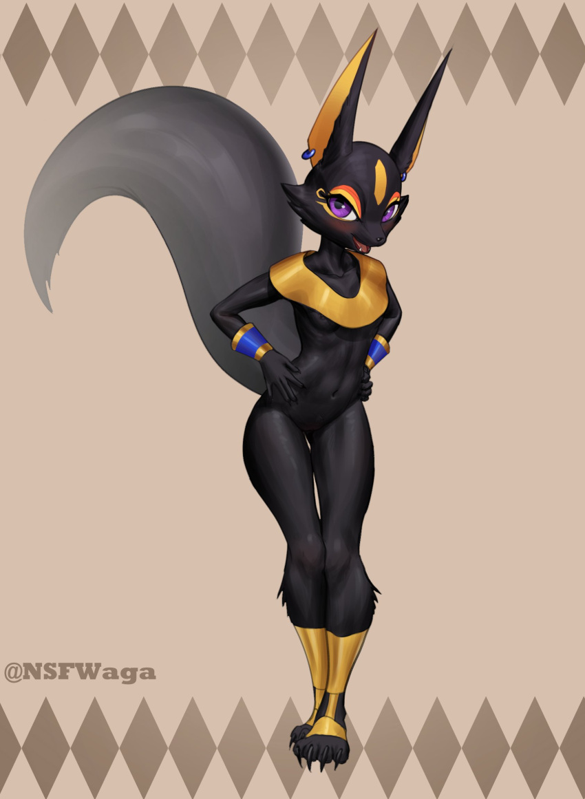 anthro anubian_jackal bandai_namco black_body black_fur breasts canid canine canis clothed clothing ear_piercing female fur genitals hi_res jackal looking_at_viewer mammal markings pac-man_(series) pac-man_party partially_clothed patra_(pac-man) piercing purple_eyes pussy signature simple_background small_breasts solo video_games w4g4