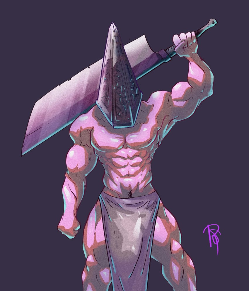 alternate_version_available bara daspurplesong helmet loincloth male male_only male_pubic_hair muscular muscular_male muscular_thighs pubic_hair pubic_hair_peek pyramid_head side_slit silent_hill solo thick_thighs topless topless_male waist_apron weapon