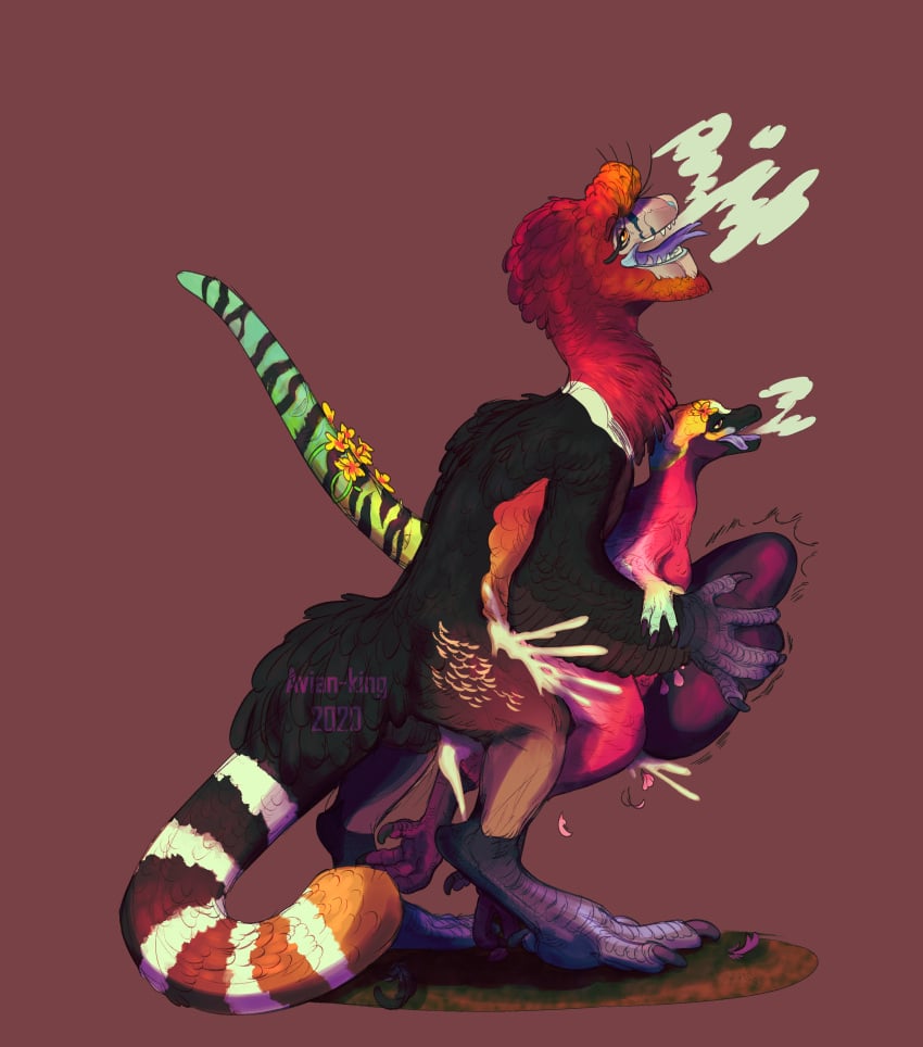 absurd_res anthro avian avian-king bird bird_feet bodily_fluids cum cum_inside dinosaur dragon dromaeosaurid ejaculation feathered_dragon feathers genital_fluids hair hi_res markings moa_(avian-king) moa_(bird) neck_ring plumebeast ratite red_hair reptile ring_(marking) ringtail scalie sex size_difference striped_markings striped_tail stripes tail_markings theropod