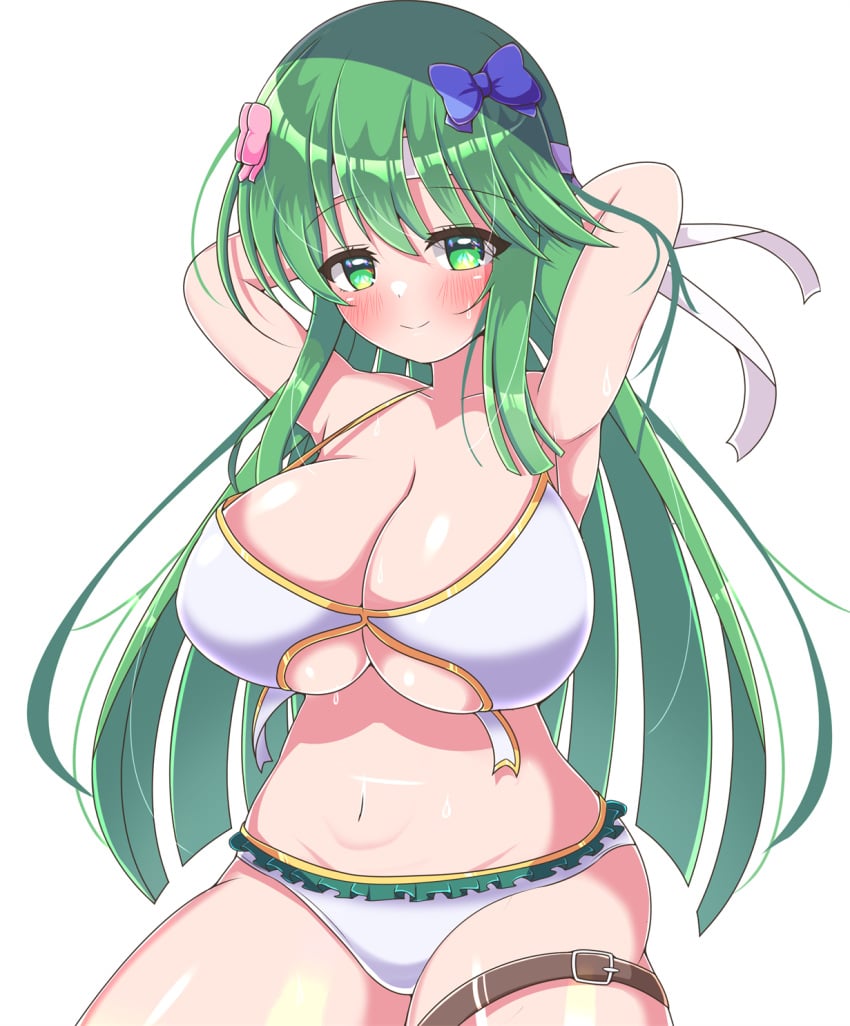 1girls alternate_costume arms_behind_head asage_(asgsn) bangs bare_midriff bare_thighs bikini blush bow breasts cleavage female female_only fire_emblem fire_emblem:_mystery_of_the_emblem fire_emblem:_shadow_dragon_and_the_blade_of_light green_eyes green_hair headband large_breasts leg_belt long_hair looking_at_viewer midriff nintendo palla_(fire_emblem) smile solo sweat swimsuit thick_thighs thighs underboob very_long_hair white_background white_bikini white_swimsuit