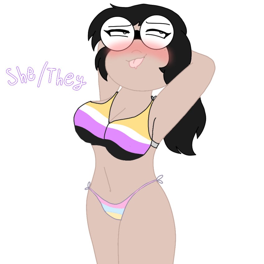 anne_(lewd_anne) bikini blush brown_skin dark-skinned_female female glasses lewd_anne nonbinary_pride_colors posing pronouns round_glasses smiling_at_viewer