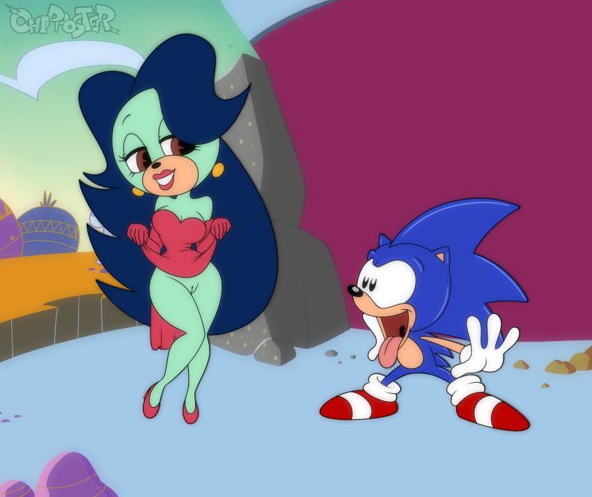 1boy 1girls adventures_of_sonic_the_hedgehog american_sonic anthro black_hair blue_body blue_fur boots breezie_hedgebot_robotnik breezie_the_hedgehog chipposter classic_sonic classic_sonic_(universe) dress evening_gloves excited exposed_pussy exposed_torso female footwear fur gloves green_body green_fur grin handwear high_heels humanoid long_hair looking_at_partner looking_at_pussy male pac-man_eyes pussy red_dress red_footwear red_gloves red_handwear shorter_male sonic_(series) sonic_the_hedgehog sonic_the_hedgehog_(series) taller_girl tongue tongue_out white_gloves white_headwear