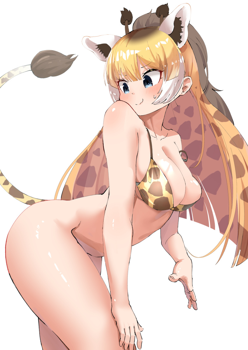 1girls :3 bra breasts female female_only kemono_friends long_hair looking_back mapuri4649 no_panties reticulated_giraffe_(kemono_friends) simple_background solo solo_female tail