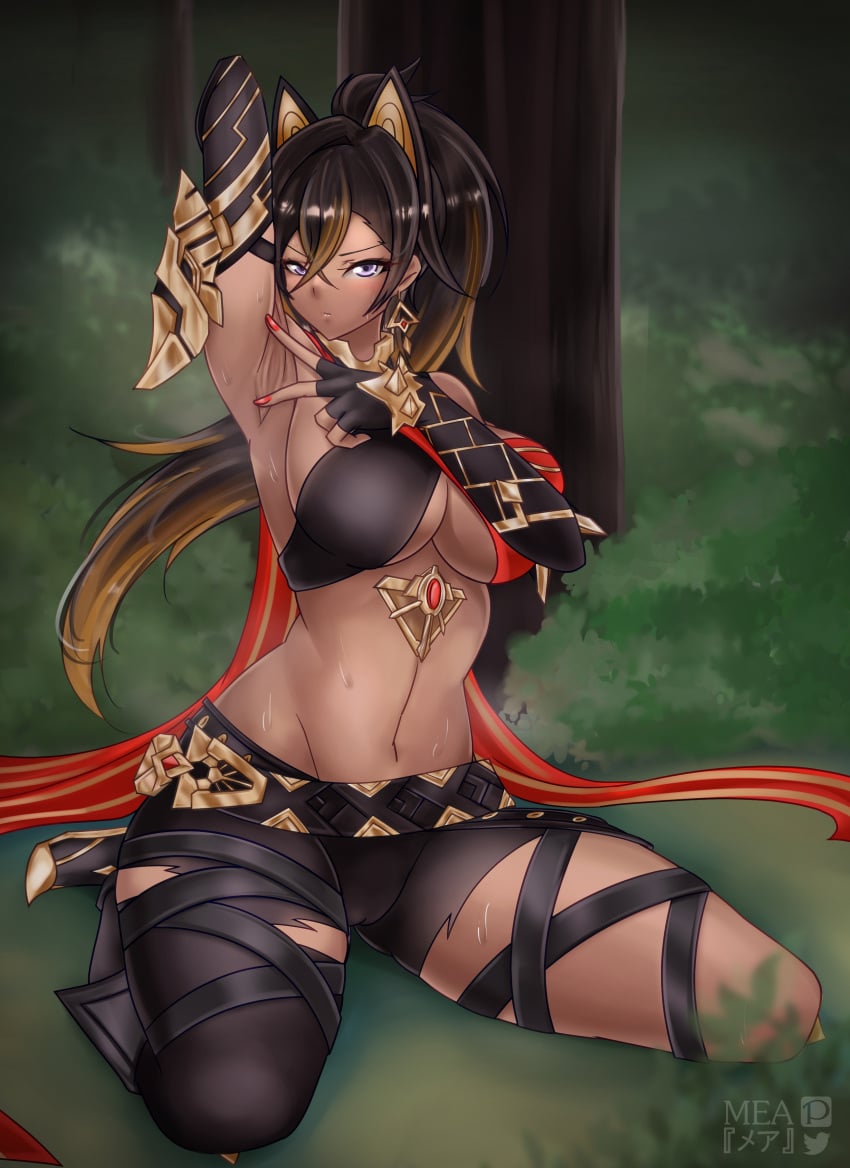 abs animal_ears armpit armpit_fetish armpits black_hair blue_eyes blush busty cleavage curvy dark-skinned_female dark_skin dehya_(genshin_impact) female female_only genshin_impact halterneck hi_res looking_at_viewer navel solo spread_armpit spread_legs spreading_armpit squatting sword thick_thighs toned toned_female underboob yellow_hair