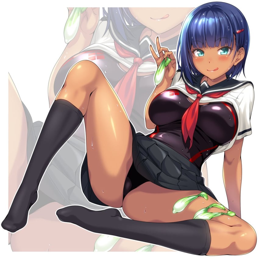 1girls :q arm_support bangs black_skirt black_socks blue_hair blunt_bangs blush bob_cut breasts cage_unlimited closed_mouth clothes_lift competition_swimsuit condom dark-skinned_female dark_skin female full_body green_eyes hair_behind_ear hair_ornament hairclip highres holding holding_condom kanagi_haruka knee_up kneehighs large_breasts leaning_back looking_at_viewer neckerchief no_shoes one-piece_swimsuit original pleated_skirt red_neckerchief sailor_collar school_uniform serafuku shiny shiny_skin shiny_swimsuit shirt shirt_lift short_hair short_sleeves sitting skirt skirt_lift smile socks solo spread_legs swimsuit swimsuit_under_clothes tan tongue tongue_out used_condom wet wet_hair white_background white_shirt