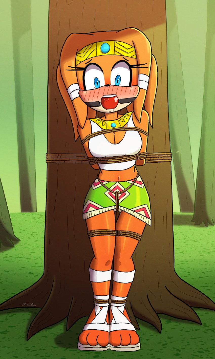 1girls 3_toes anthro arms_behind_back ball_gag belly_button blush bondage bound_to_tree clothed crotch_rope echidna female_only femsub forest gag gagged hands_behind_back medium_breasts panties panties_peek sandals scared shibari_over_clothes skirt solo solo_female sonic_(series) sonic_the_hedgehog_(series) tied_legs tied_to_tree tied_up tikal_the_echidna tree trees white_panties zeecibee