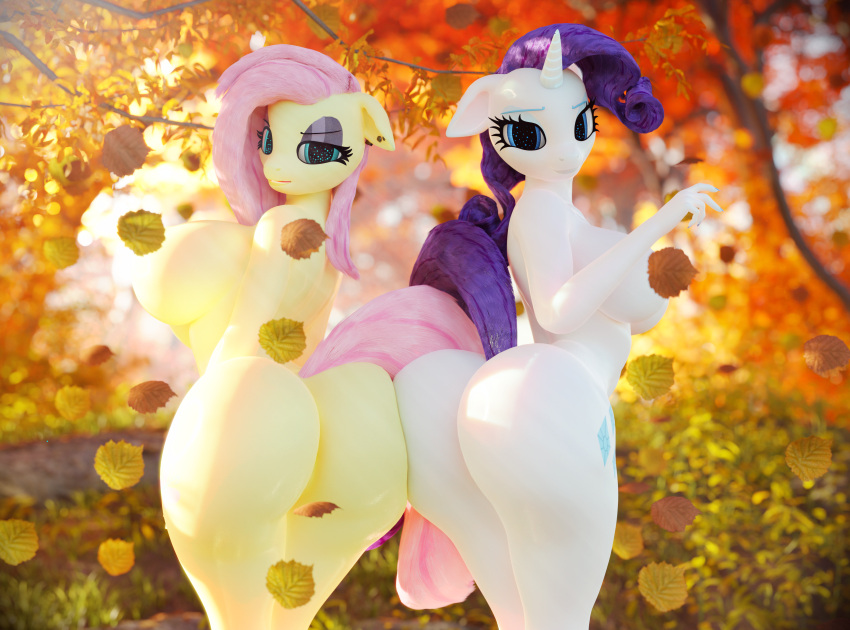 2girls 3d_(artwork) absurd_res adorable anthro anthrofied ass ass_to_ass big_ass big_breasts big_butt blue_eyes breasts butt_to_butt convenient_censorship cute cute_face cutie_mark digital_media_(artwork) duo equid equine female female_only females_only fluttershy_(mlp) forest friendship_is_magic hair hasbro hi_res horn looking_at_viewer looking_back mammal my_little_pony nude nyaasapphire photo_background pink_hair plant purple_hair rarity_(mlp) straight_hair tree unicorn white_body yellow_body