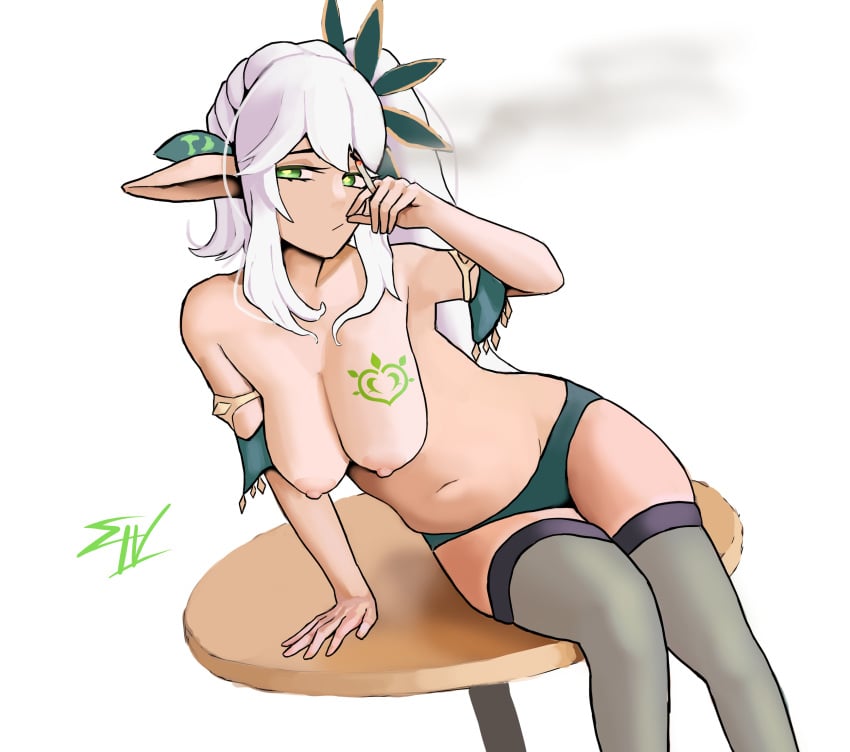 1girls aged_up belly belly_button big_breasts elf_ears esgarot_iv exhibitionism female_only genshin_impact green_eyes nahida_(genshin_impact) navel nipples pointy_ears sitting smoking solo solo_female stockings thick_thighs white_hair