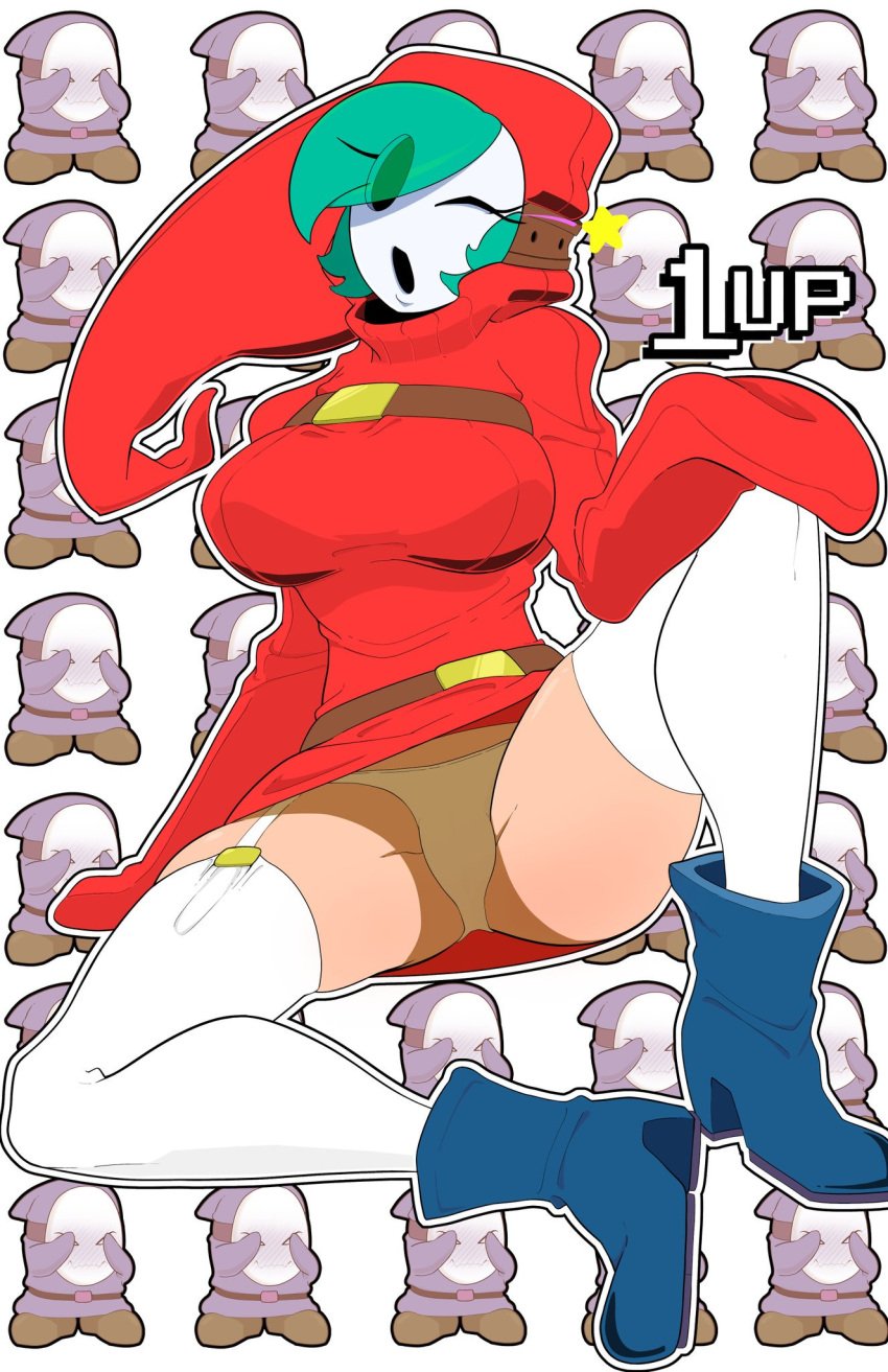 1girls 1up 2019 absurd_res belt boots breasts clothed clothing covering covering_face embarrassed eyes_visible_through_hair female female_focus full_body garter_straps green_eyes green_hair hair_over_one_eye hand_on_knee highres hoodie large_breasts light-skinned_female light_skin looking_at_viewer male mario_(series) mask multiple_boys nintendo panties pantyshot pantyshot_(sitting) red_dress red_sweater seductive short_dress shy_gal shy_gal_red simple_background simplyxplicit sitting star super_mario_bros. sweater sweater_dress thighhighs thighs tight_clothing underwear white_panties wink zettai_ryouiki