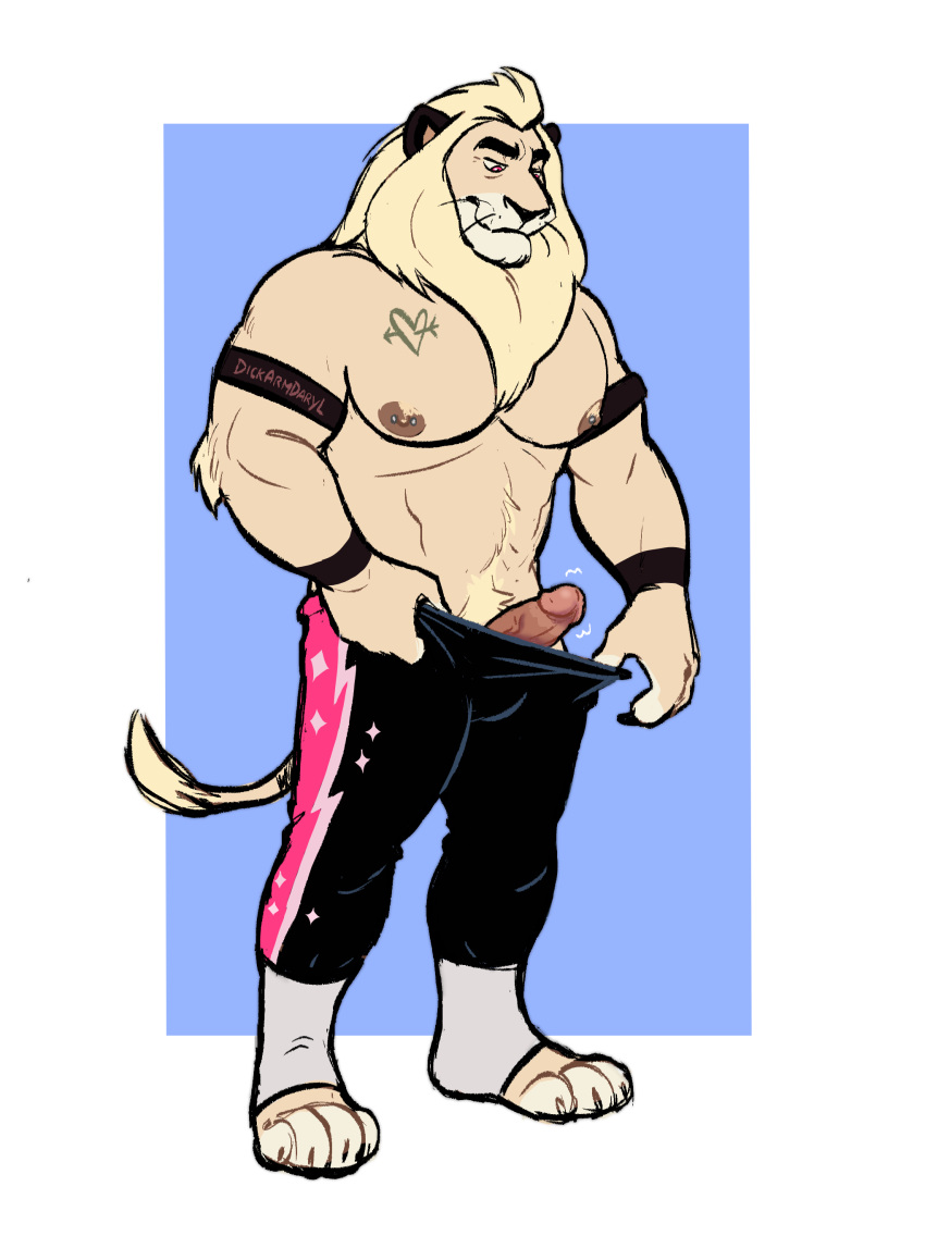 absurd_res age_difference anthro armband bottomwear clothed clothing detailed_penis dickarmdaryl_(artist) estefan_(oc) felid flat_colors genitals heart_tattoo hi_res holding_bottomwear holding_clothing holding_object holding_pants legwear lion looking_down_at_penis male mammal muscular muscular_male no_underwear older_male pantherine pants penis poking_out simple_background solo tattoo throbbing_penis tights tired wrestler wrestling_outfit wristband