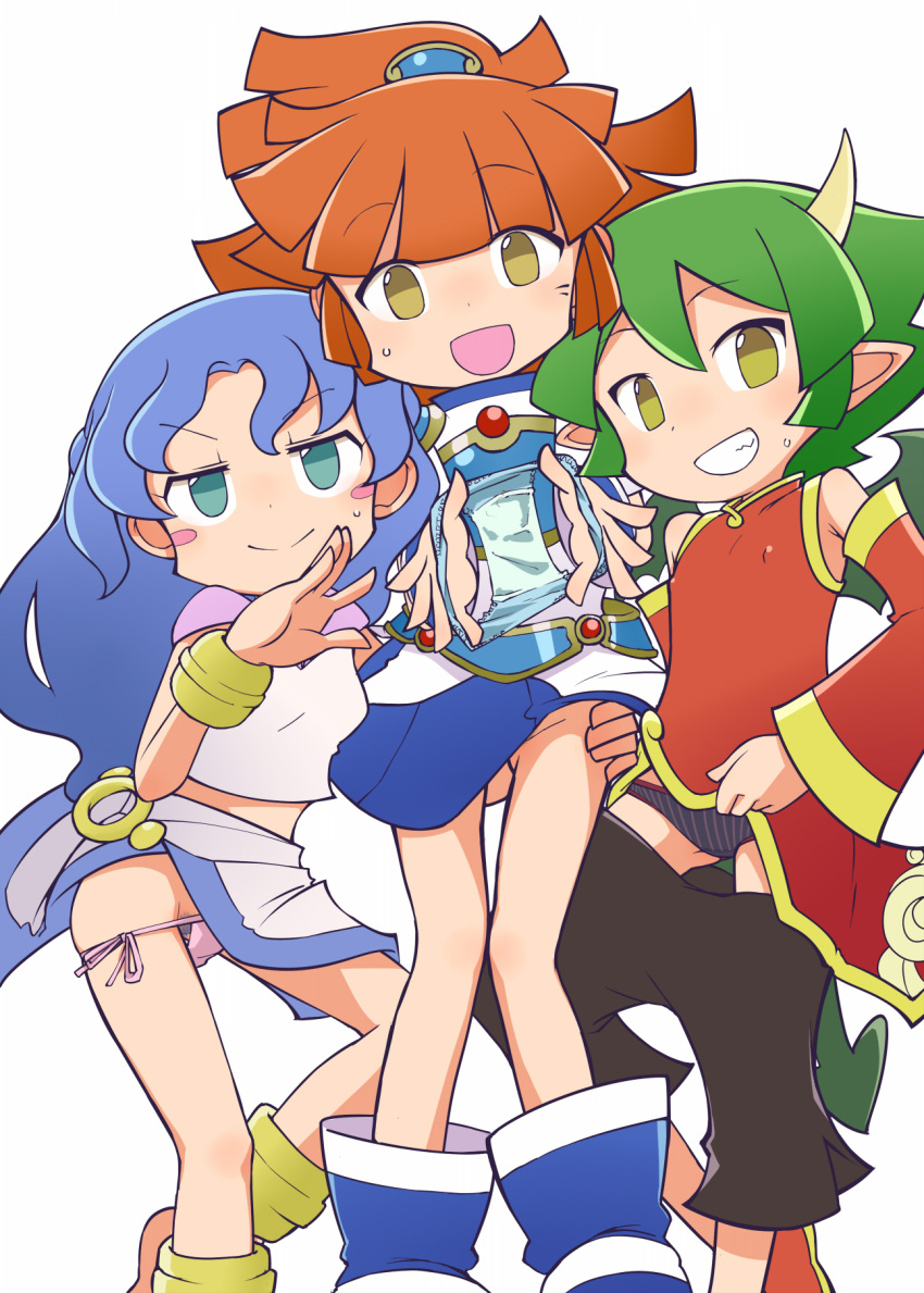 3girls age_difference arle_nadja blue_hair brown_hair draco_centauros green_hair koshirohara_mach_(artist) madou_monogatari multiple_girls panties pink_panties puyo_puyo puyo_puyo_fever rulue showing_panties smile striped_panties sweatdrop tagme undressing white_panties