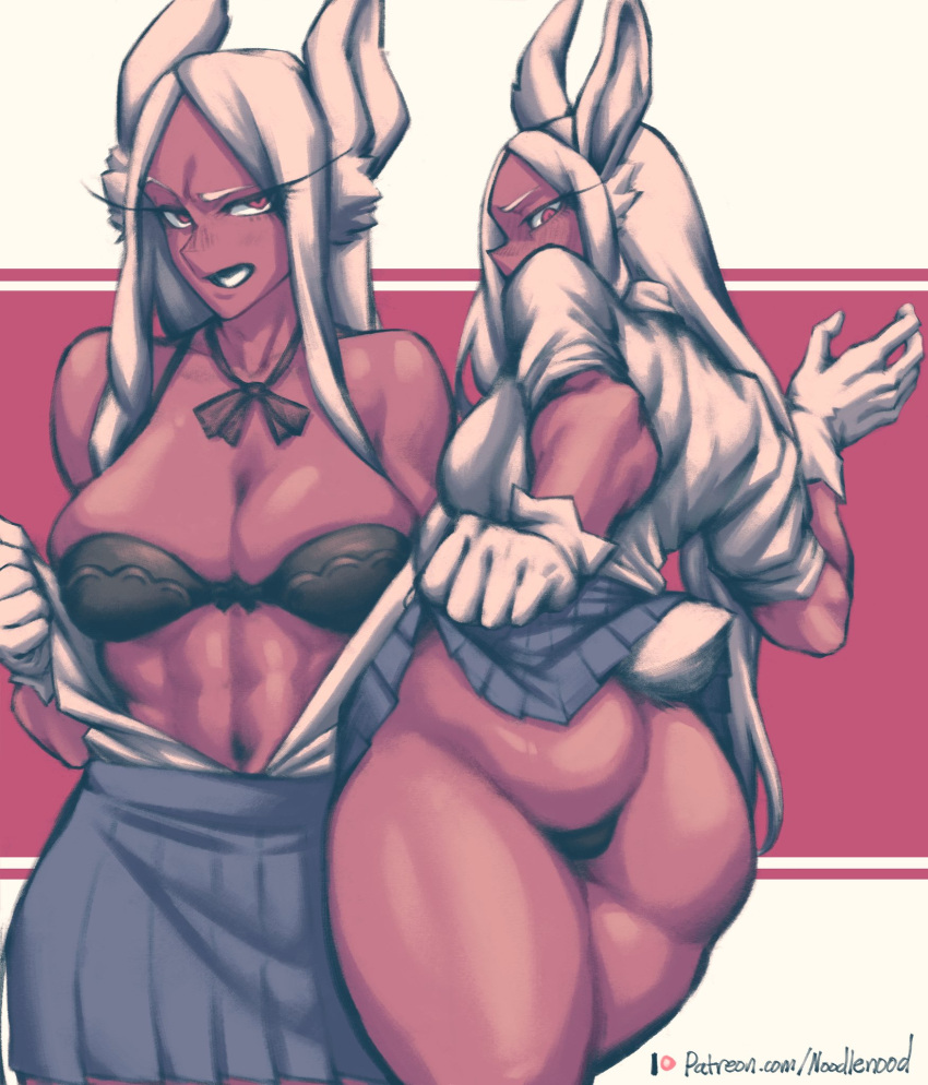 1girls abs aroodnoodle ass boku_no_hero_academia bra breasts bunny_tail cleavage dark-skinned_female dark_skin female female_only hi_res large_breasts looking_at_viewer miruko my_hero_academia noodlenood red_eyes rumi_usagiyama skirt skirt_lift solo thighs thong white_hair