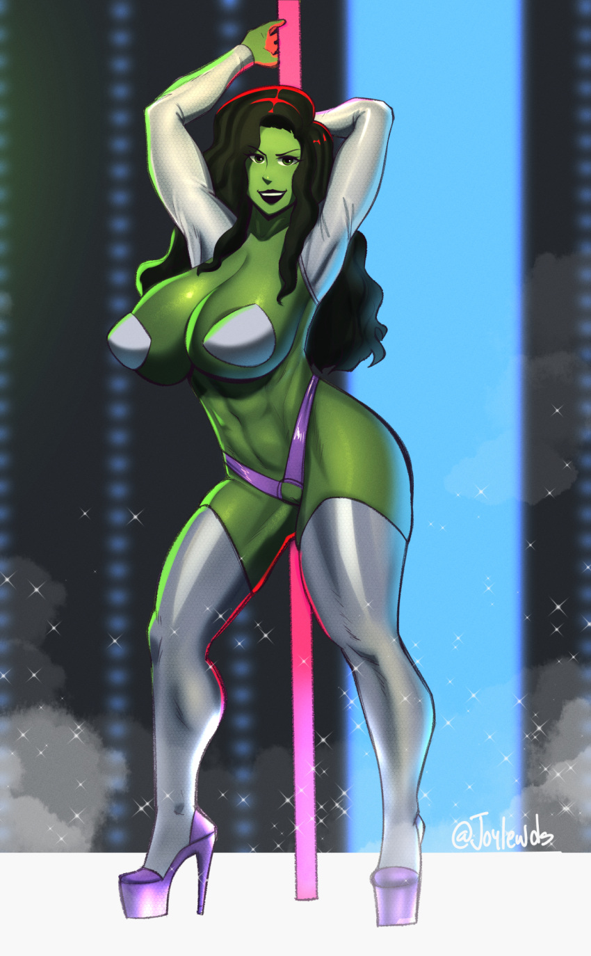 1girls big_breasts breasts busty female female_only green_skin huge_breasts joylewds jpeg large_breasts looking_at_viewer marvel pasties pole pole_dancing pussy she-hulk smile solo stripper stripper_pole thick_thighs thighhighs wide_hips