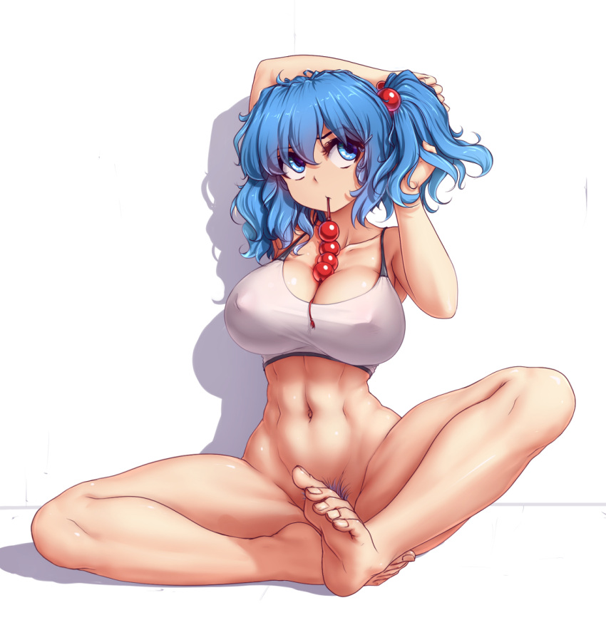 1girls abs blue_eyes blue_hair breasts convenient_censoring female_only female_pubic_hair hater_(hatater) light-skinned_female light_skin nitori_kawashiro nude pubic_hair solo solo_female tank_top touhou