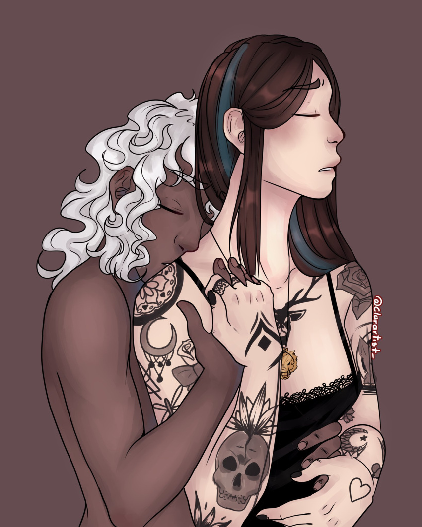 1boy1girl blue_hair breasts brown_hair calamidade carina_leone(ordem_paranormal) clarartist closed_eyes clothing digital_media_(artwork) highres hug long_hair ordem_paranormal rubens_naluti tagme tattoo white_hair