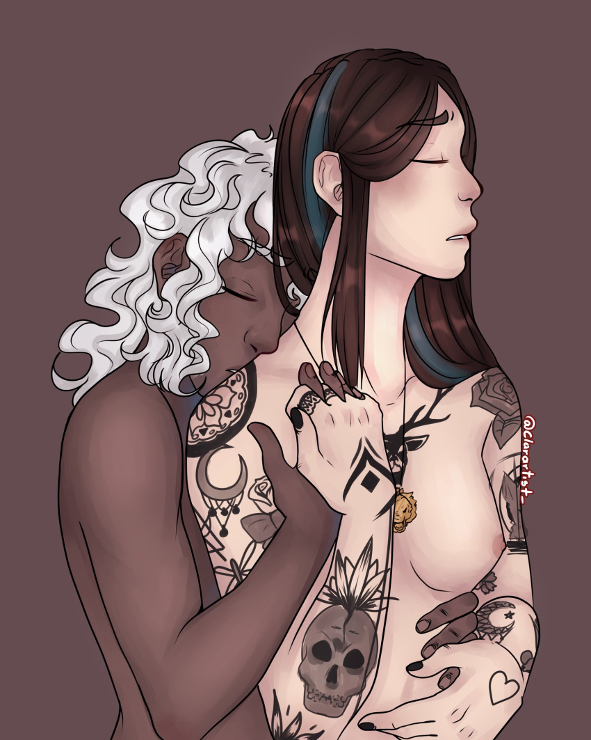 1boy1girl blue_hair breasts brown_hair calamidade carina_leone(ordem_paranormal) clarartist closed_eyes clothing digital_media_(artwork) highres hug long_hair naked nude ordem_paranormal rubens_naluti tagme tattoo white_hair