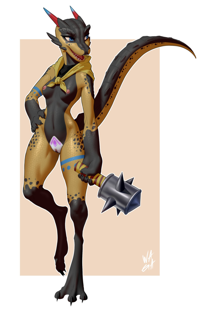 2020 absurd_res anthro argonian bandana bethesda_softworks black_body black_countershading blue_eyes breasts countershading female genitals hand_on_hip hi_res holding_object holding_weapon kerchief kerchief_only long_tail looking_away mace melee_weapon mostly_nude moxxi_(bastiel) neckerchief neckerchief_only nipples on_one_leg open_mouth open_smile pussy scales scalie sharp_teeth smile solo standing teeth the_elder_scrolls video_games w4g4 weapon yellow_body yellow_scales