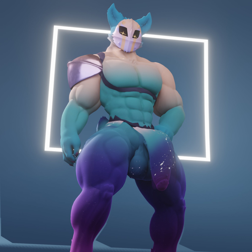 3d 3d_(artwork) anthro anxiboi balls big_penis blue_fur claws clothed clothing furry furry_ears genitals hi_res loincloth male male_only mask muscular pauldrons penis pose posing revealing_clothes solo star_eyes tagme tail yellow_eyes zetar_(anxiboi)