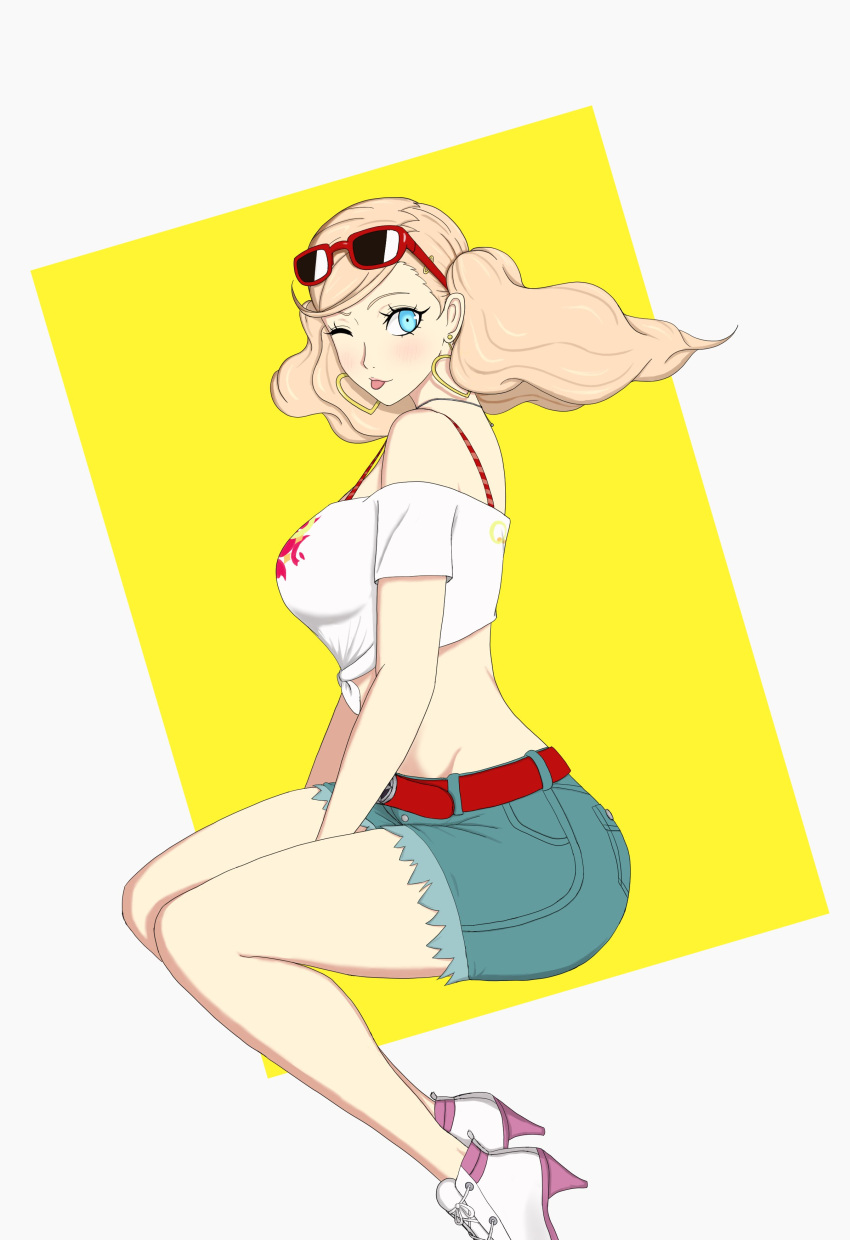 ann_takamaki big_ass big_breasts bikini blonde_hair blue_eyes booty_shorts breasts cleavage eyewear_on_head fat_ass large_breasts nahone_peko persona persona_5 squatting sunglasses sunglasses_on_head swimsuit teenager thick_thighs thin_waist tongue twintails