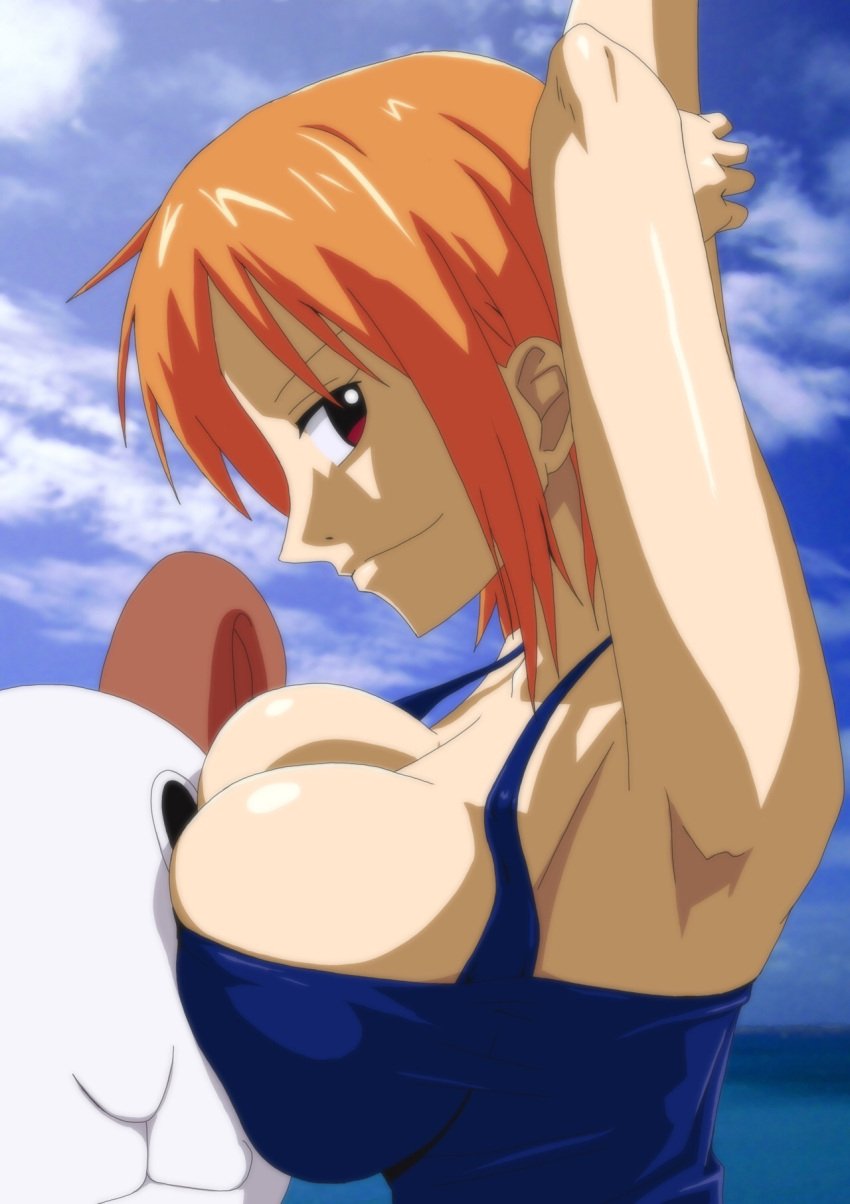 armpit arms_up big_breasts breast_press female female_only going_merry kyabakurabakufu nami one_piece orange_hair pre-timeskip short_hair solo