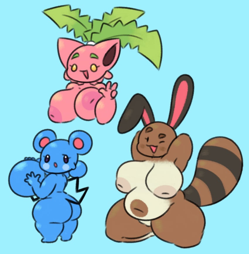 :o absurd_res anthro areola ass azurill beady_eyes big_areola big_breasts big_butt big_ears big_nipples big_tail black_eyes blue_background blue_body blue_fur breasts brown_body brown_fur elemental_creature eyelashes female flora_fauna fur gesture group hands_behind_back hi_res hoppip huge_areola huge_breasts huge_nipples inverted_nipples kneeling leaf leaf_hair looking_at_viewer looking_back looking_back_at_viewer mammal markings mob_face mouse murid murine navel nintendo nipples one_eye_closed open_mouth pink_areola pink_body pink_nipples plant plant_hair pokémon_(species) pokemon pose pseudo_hair purple_eyes rear_view rodent rosy_cheeks scared sentret short_stack shortstack simple_background sleepyslut striped_markings striped_tail stripes tail_markings thick_thighs trio v_sign video_games white_body white_fur wide_hips wink winking_at_viewer yellow_eyes